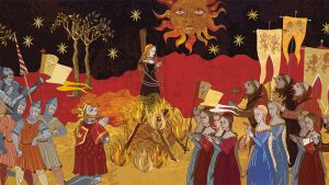 Scène médiévale. Inquisition. Brûler des sorcières. Style de parchemin moyen âge. Concept Jeanne d'Arc (Jeanne d'Arc). Des moines en feu avec la sorcière. Illustration d'un livre ancien